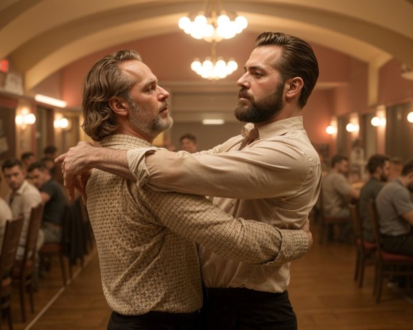 Intimate Embrace Between Two Men in Warm Room