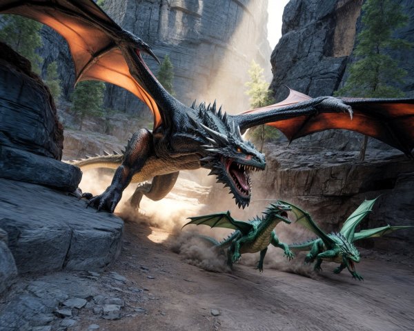 Black Dragon and Green Dragons in Dramatic Canyon Flight
