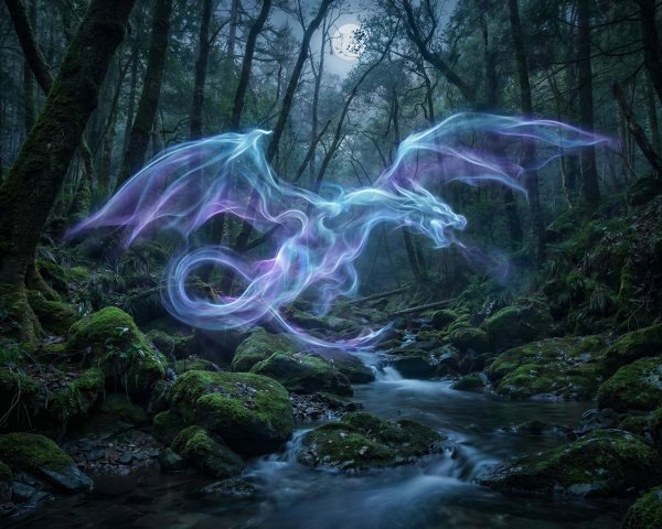 Luminous Dragon Spirit in a Nighttime Forest Scene