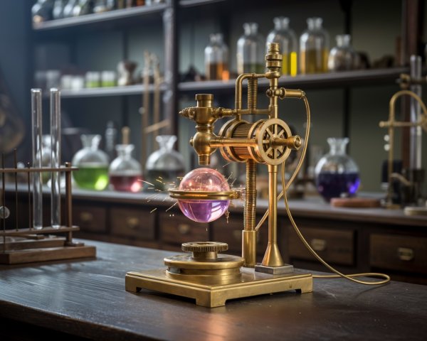 Vintage Laboratory Setup with Brass Apparatus and Orbs