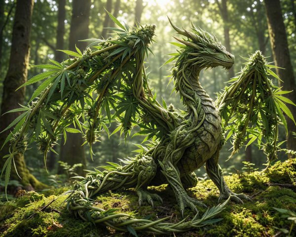Vibrant Green Cannabis Leaf Dragon in Lush Forest