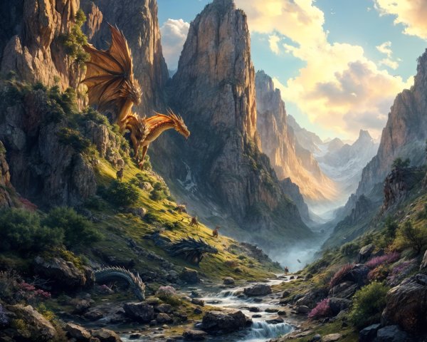 Dragons Soaring Over a Mountainous Fantasy Landscape