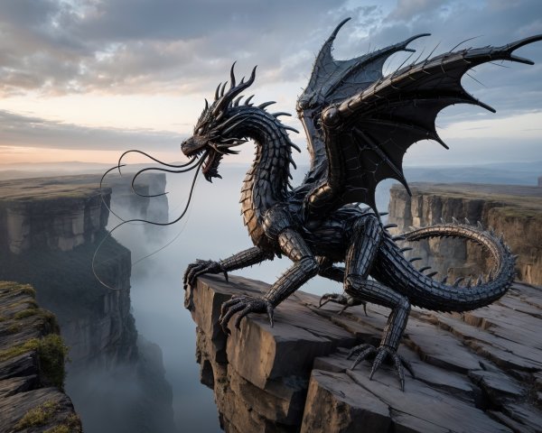 Majestic black dragon on a cliff overlooking canyon