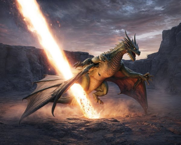 Majestic dragon breathing fire in rocky landscape