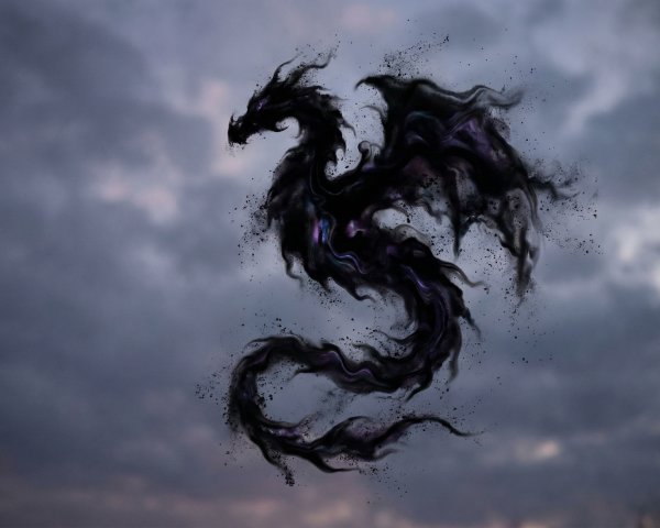 Shadowy Dragon with Glowing Purple Eyes in Gray Sky