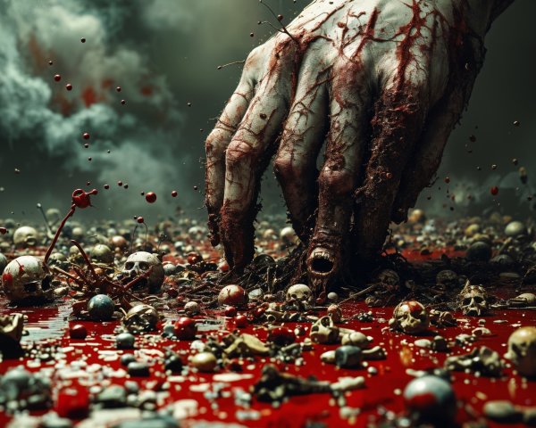Grotesque Hand Emerges from Blood with Skulls and Bones