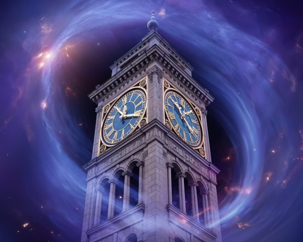 Majestic clock tower amidst cosmic hues and stars