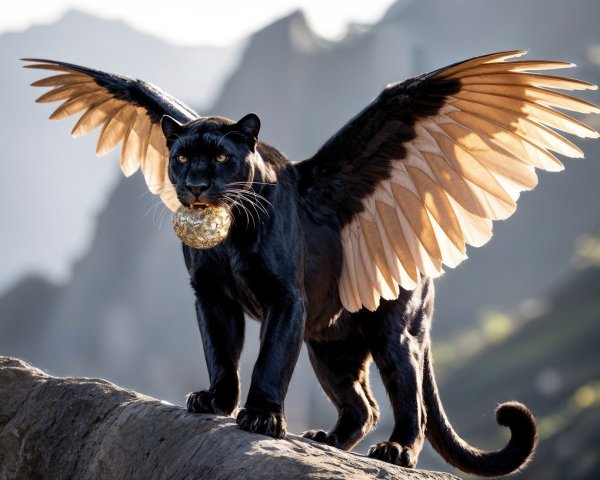Black Panther with Golden Wings on Rocky Ledge