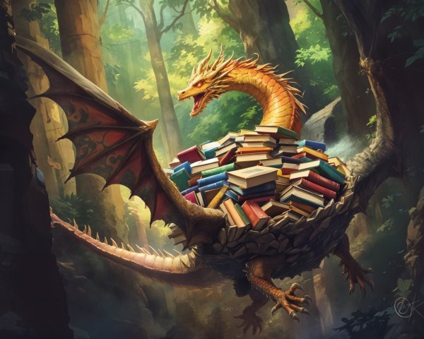 Golden dragon with colorful books in vibrant forest