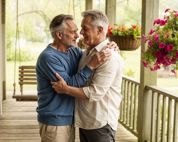 Warm Embrace on a Porch Surrounded by Flowers