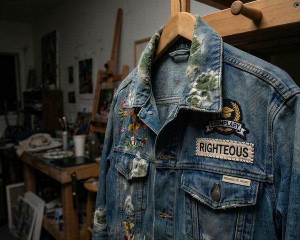Distressed Light Blue Denim Jacket with Embroidery and Paint