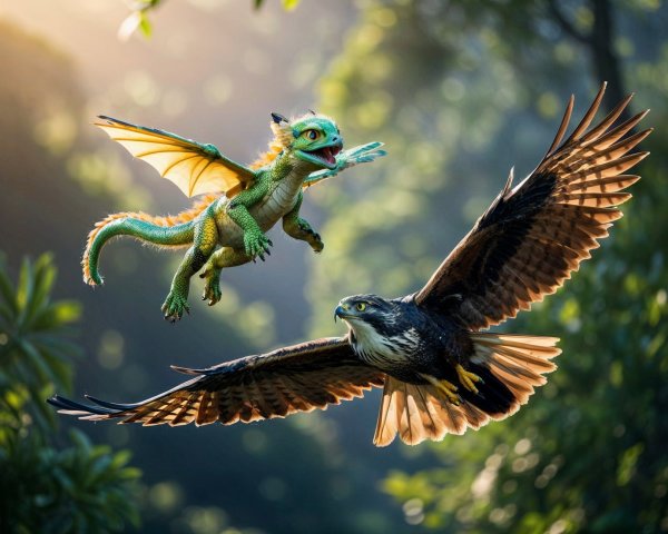Tiny Green Dragon and Hawk in Sunlit Forest
