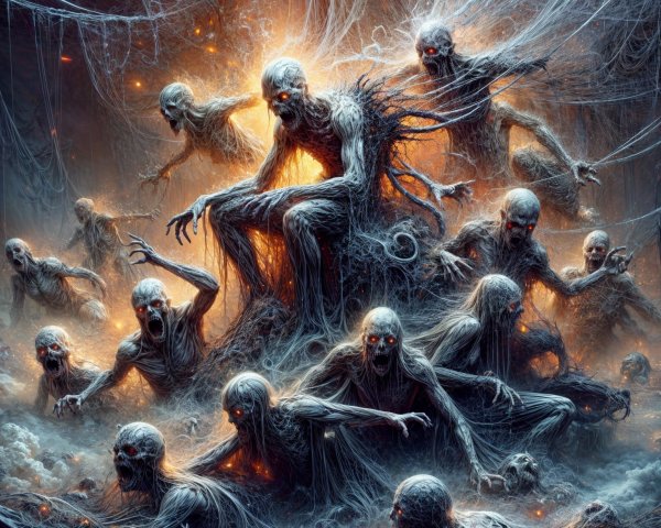 Ethereal Skeletal Figures in a Misty Abyss Scene