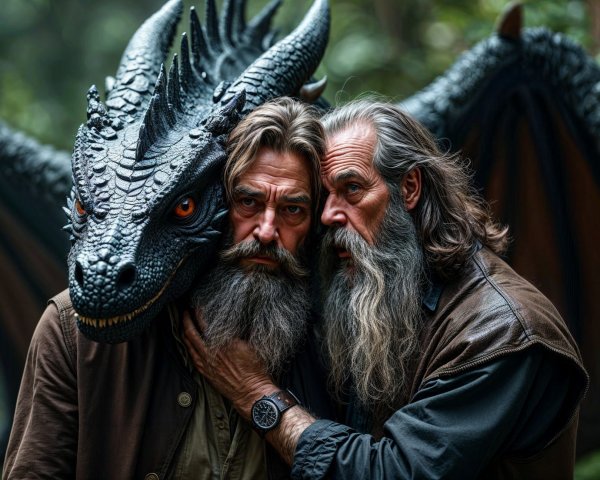 Rugged Men with Dragon Head in Lush Forest Setting