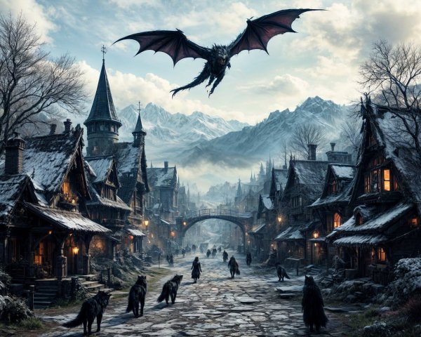 Atmospheric Village with Dragon and Shadowy Wolves