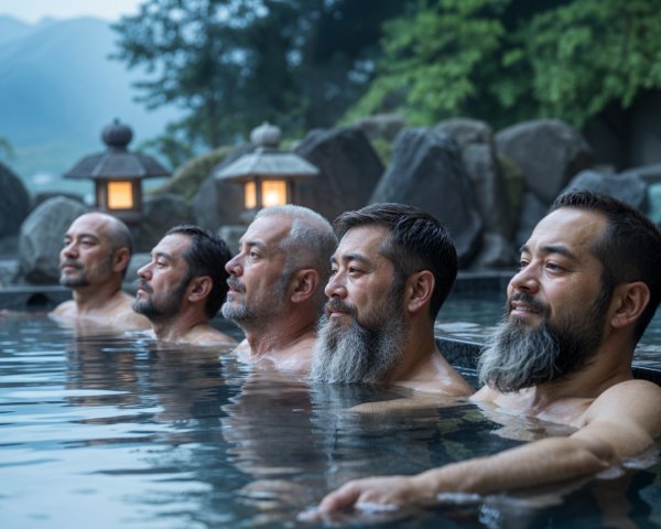 Men Relaxing in Hot Spring Surrounded by Nature