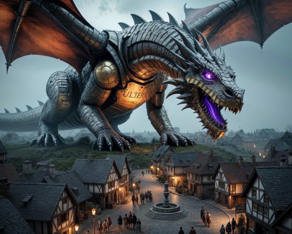 Metallic Dragon Overlooking Medieval Village Scene