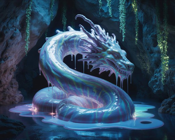 Translucent Ethereal Dragon Creature in Water Cave