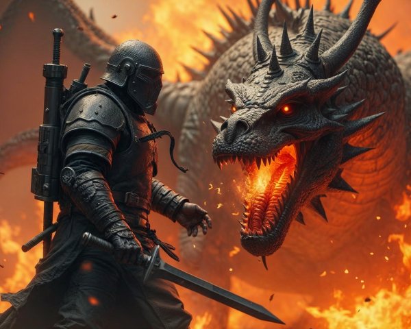 Armored Warrior Confronts Dragon in Fiery Battle Scene