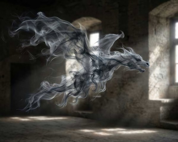 Smoky Dragon in Dimly Lit Ruined Stone Room