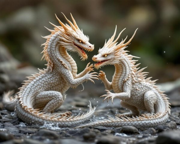 Dragon-like creatures playfully interacting by water source