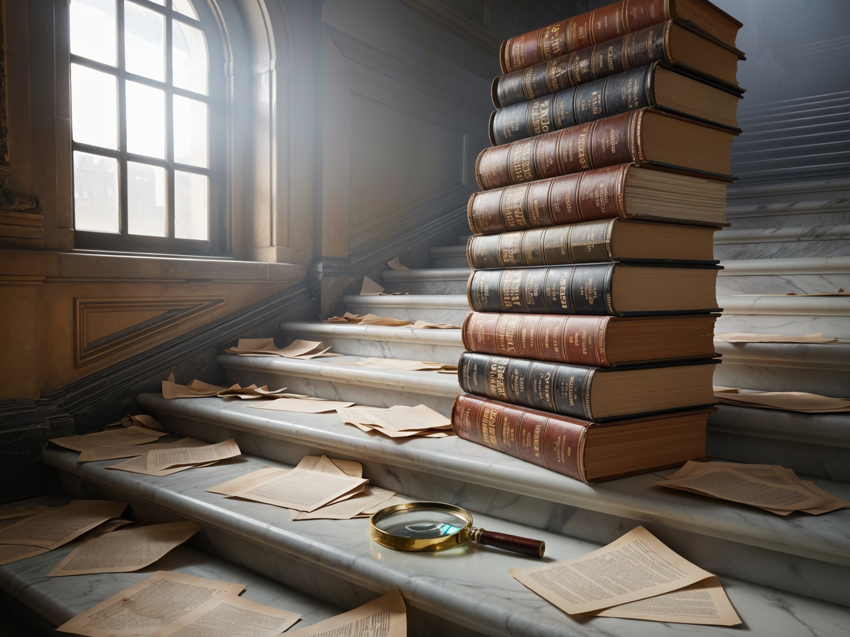 Leather-bound books on a marble staircase with light