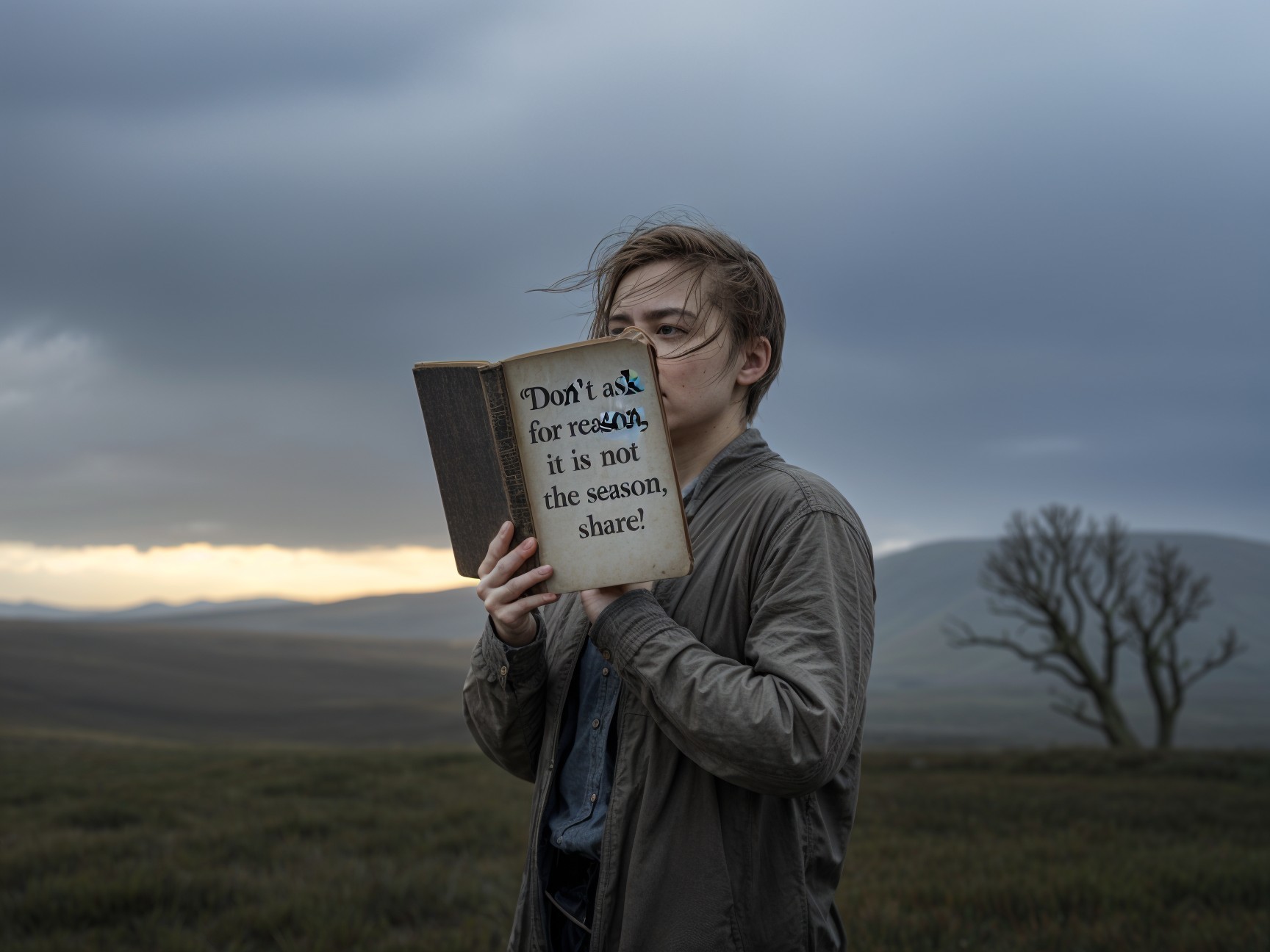 Young Person in Grassy Landscape with Open Book