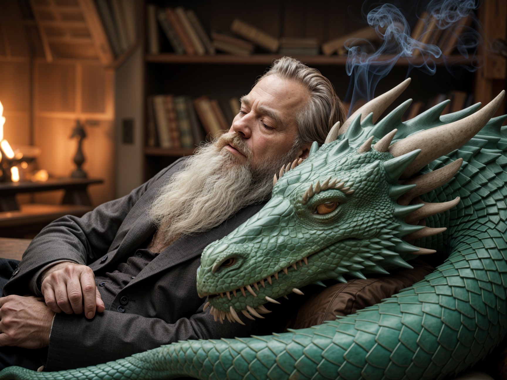 Wise Man and Dragon Statue in Cozy Mystical Setting