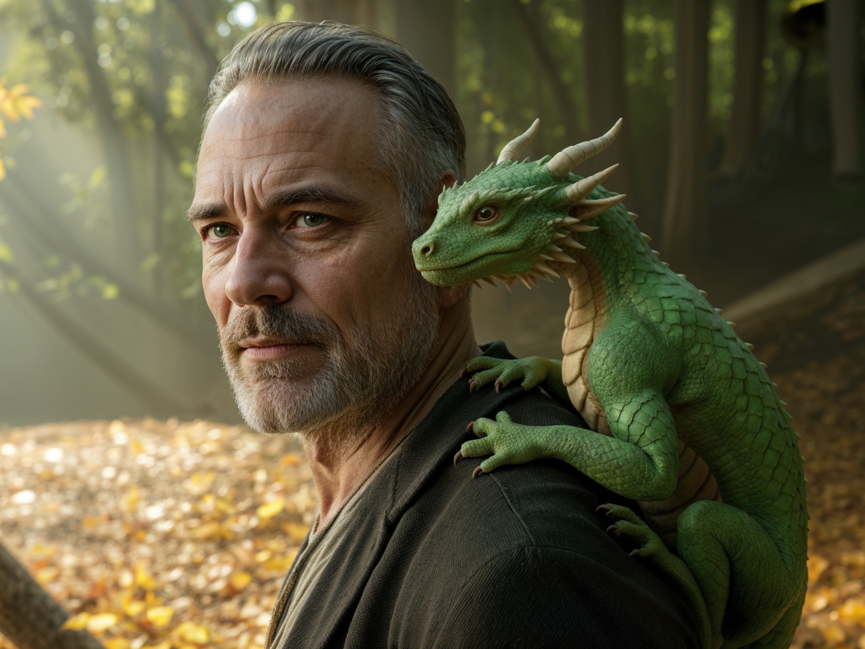 Rugged Man and Vibrant Green Dragon in Autumn Forest