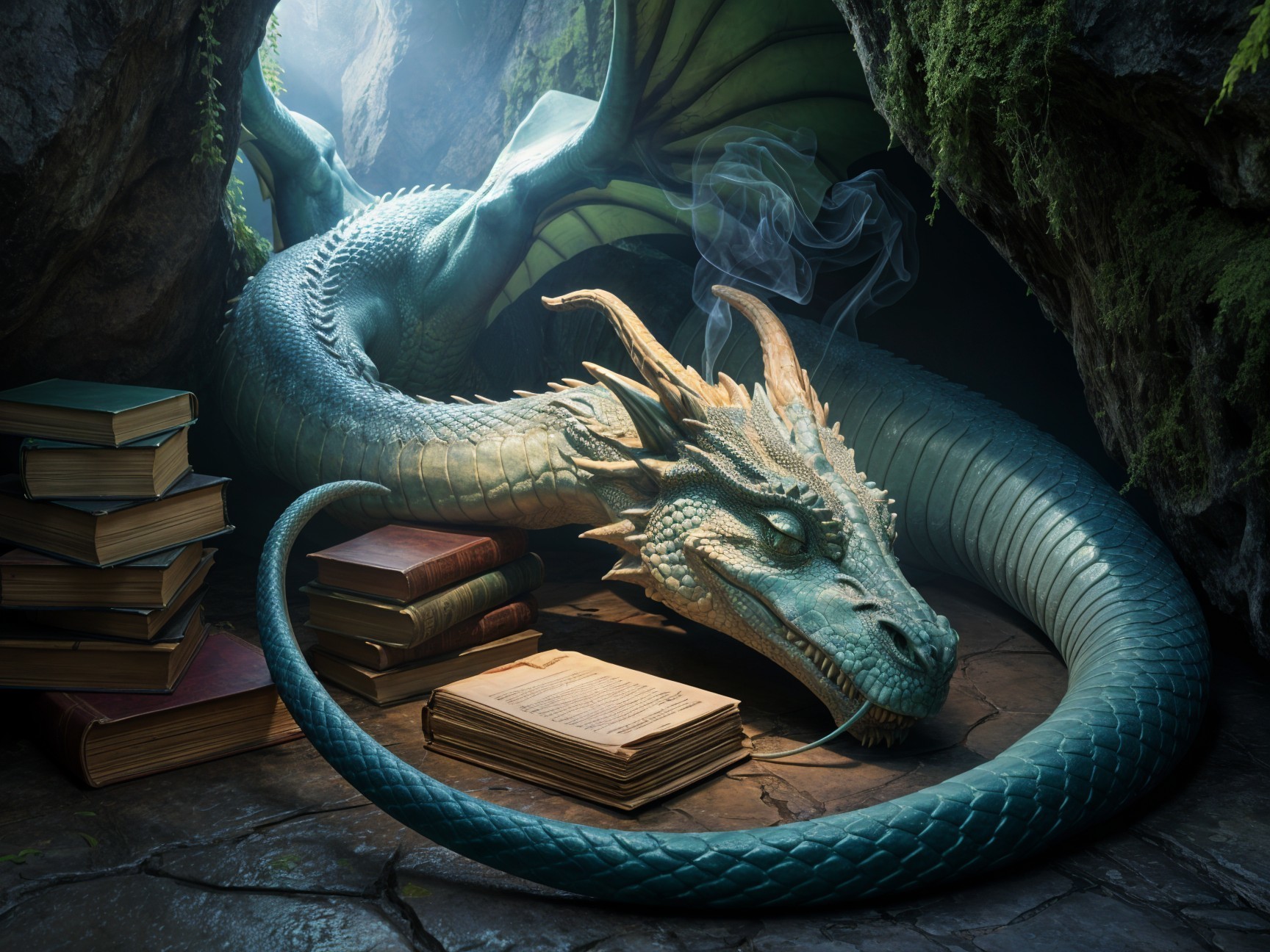 Majestic dragon in a mystical cave with ancient books