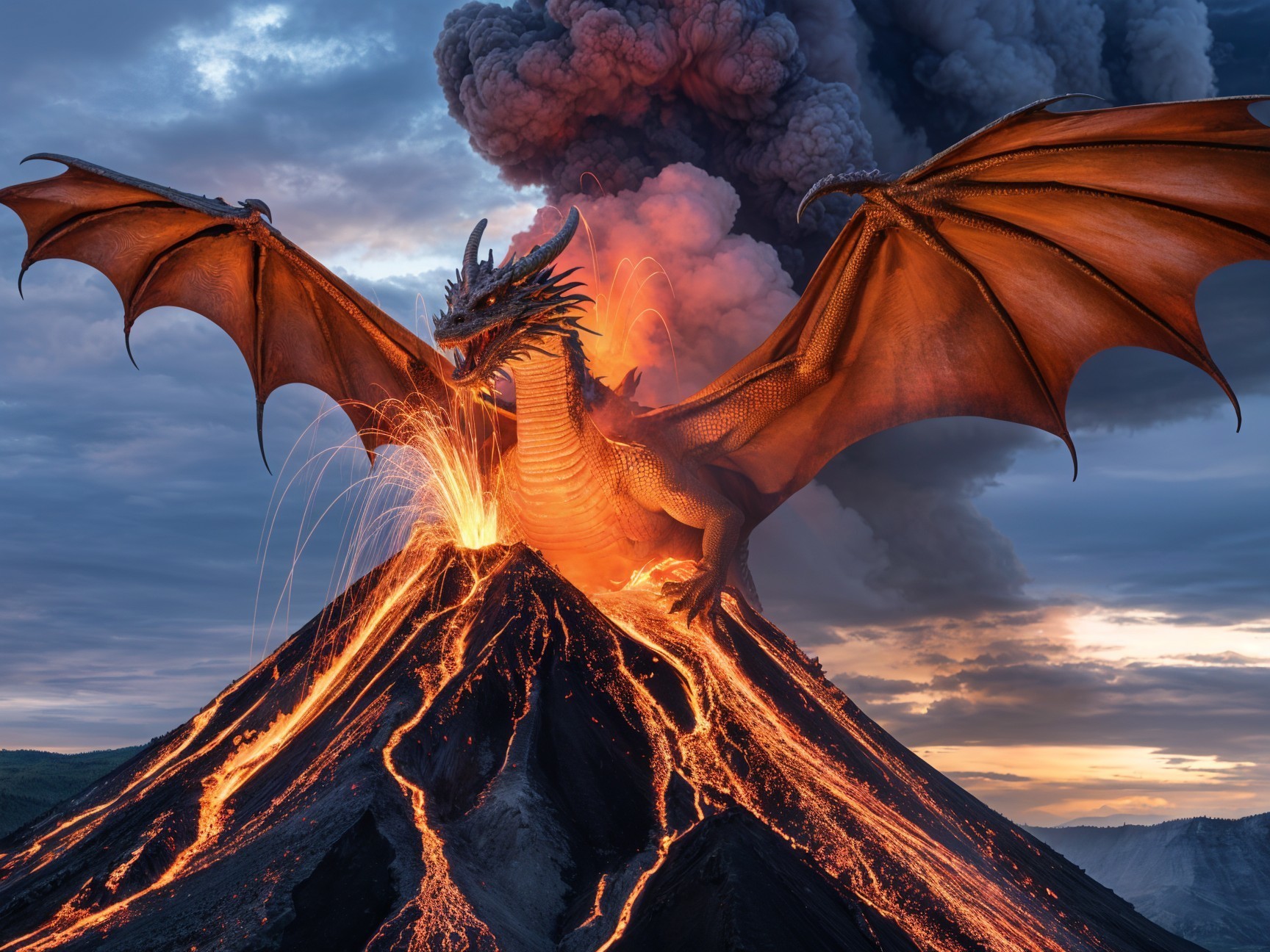 Majestic dragon on volcanic mountain with lava eruption