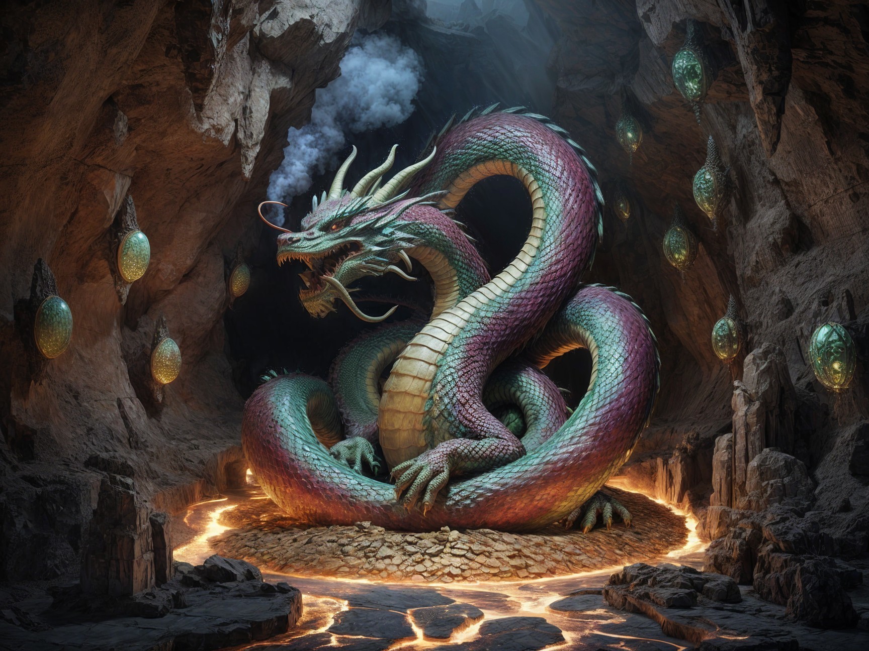 Multi-Colored Dragon in a Dark Cave Setting