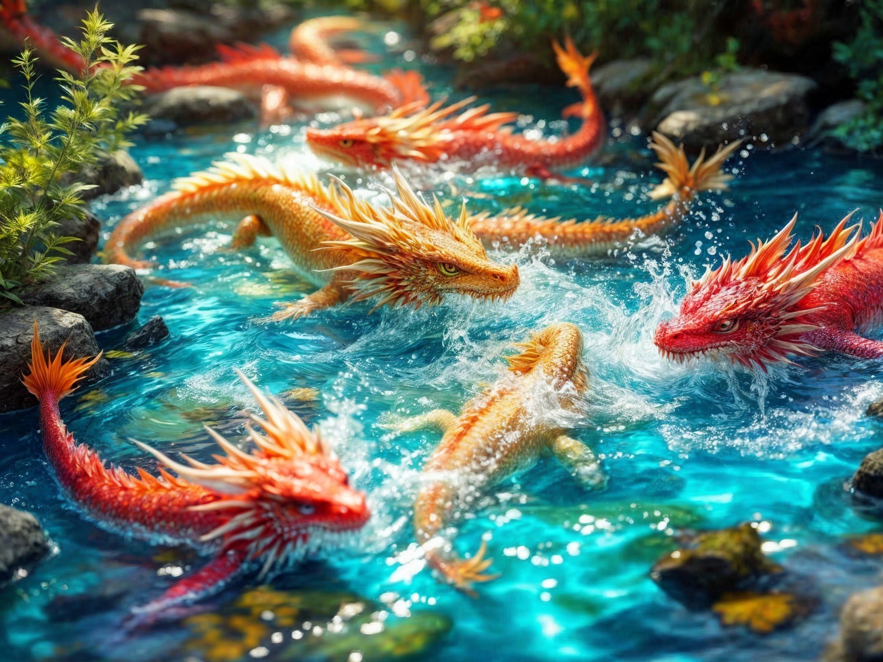Ornate dragons playing in a crystal-clear stream