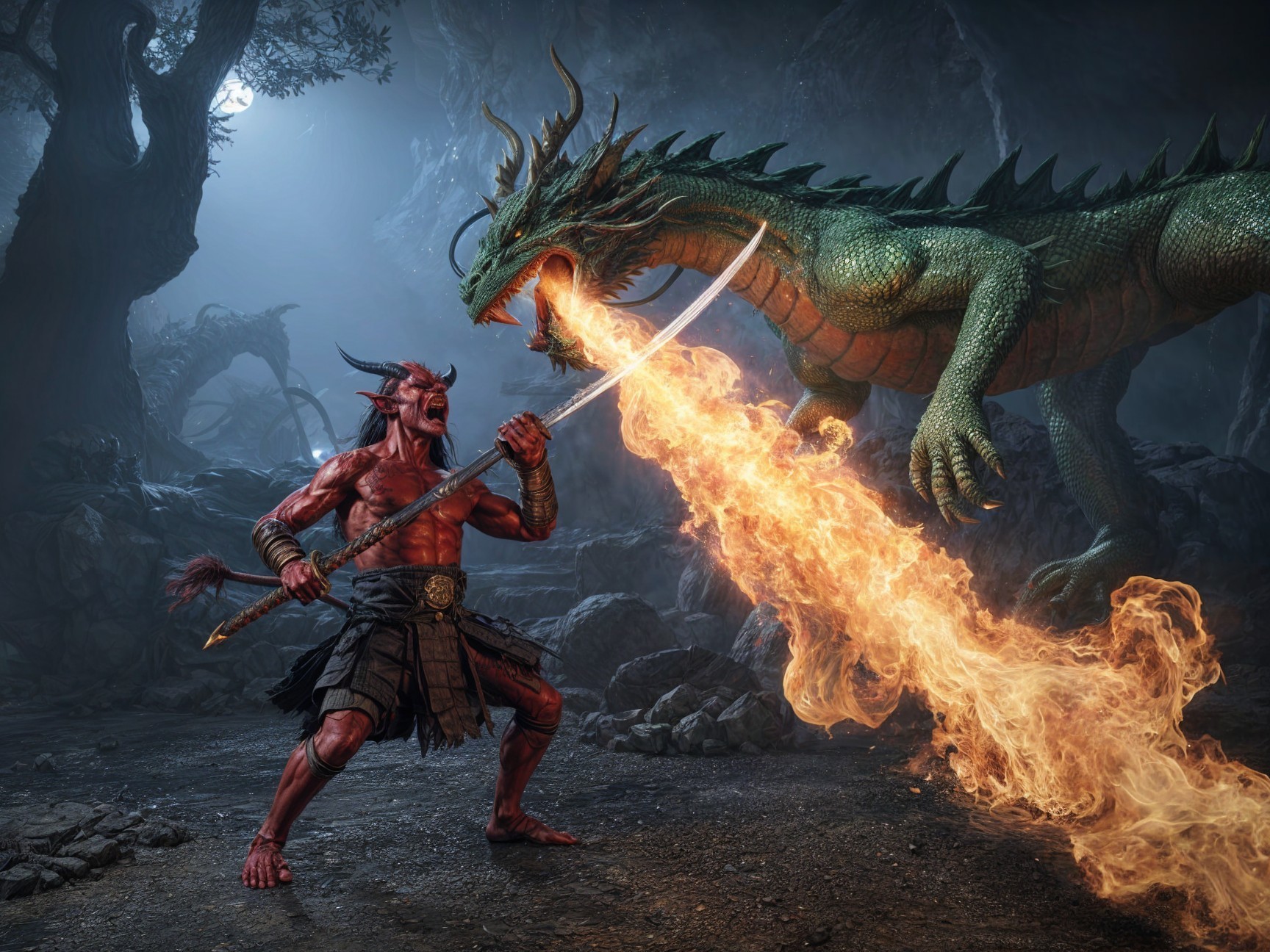 Dramatic Fantasy Scene of Demon and Dragon Battle