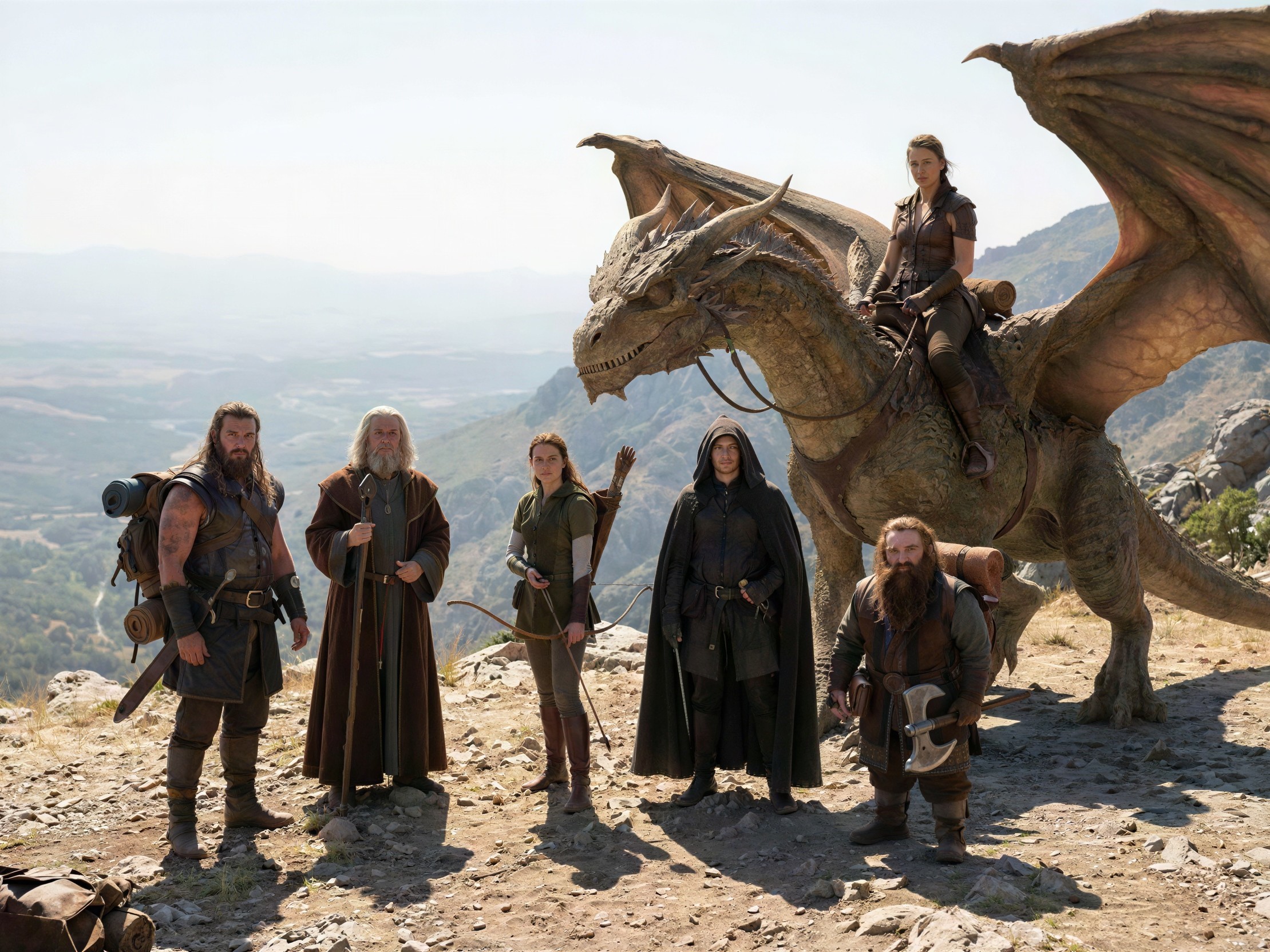 Adventurers and Dragon on a Mountaintop Scene