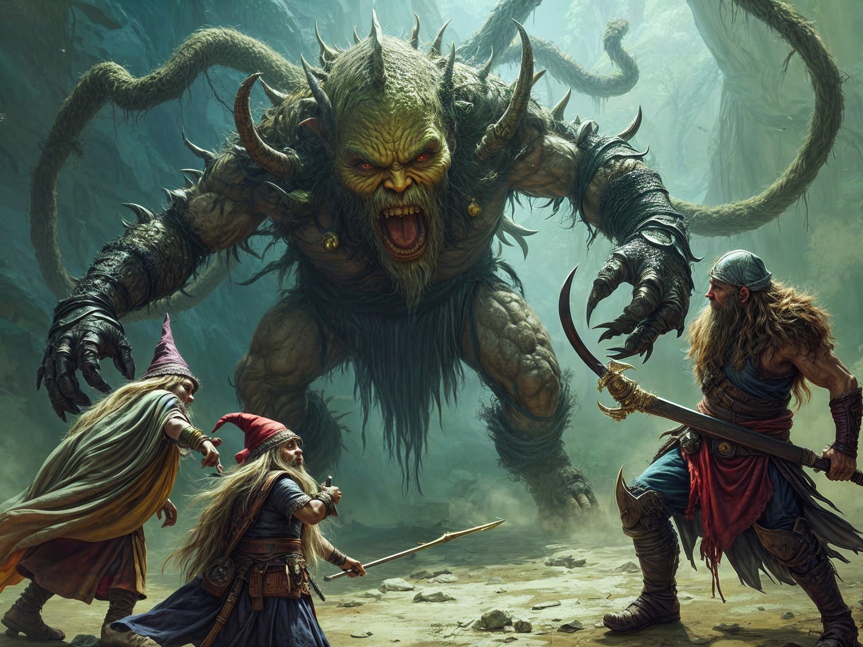 Wizards Confronting a Giant Creature in a Cave