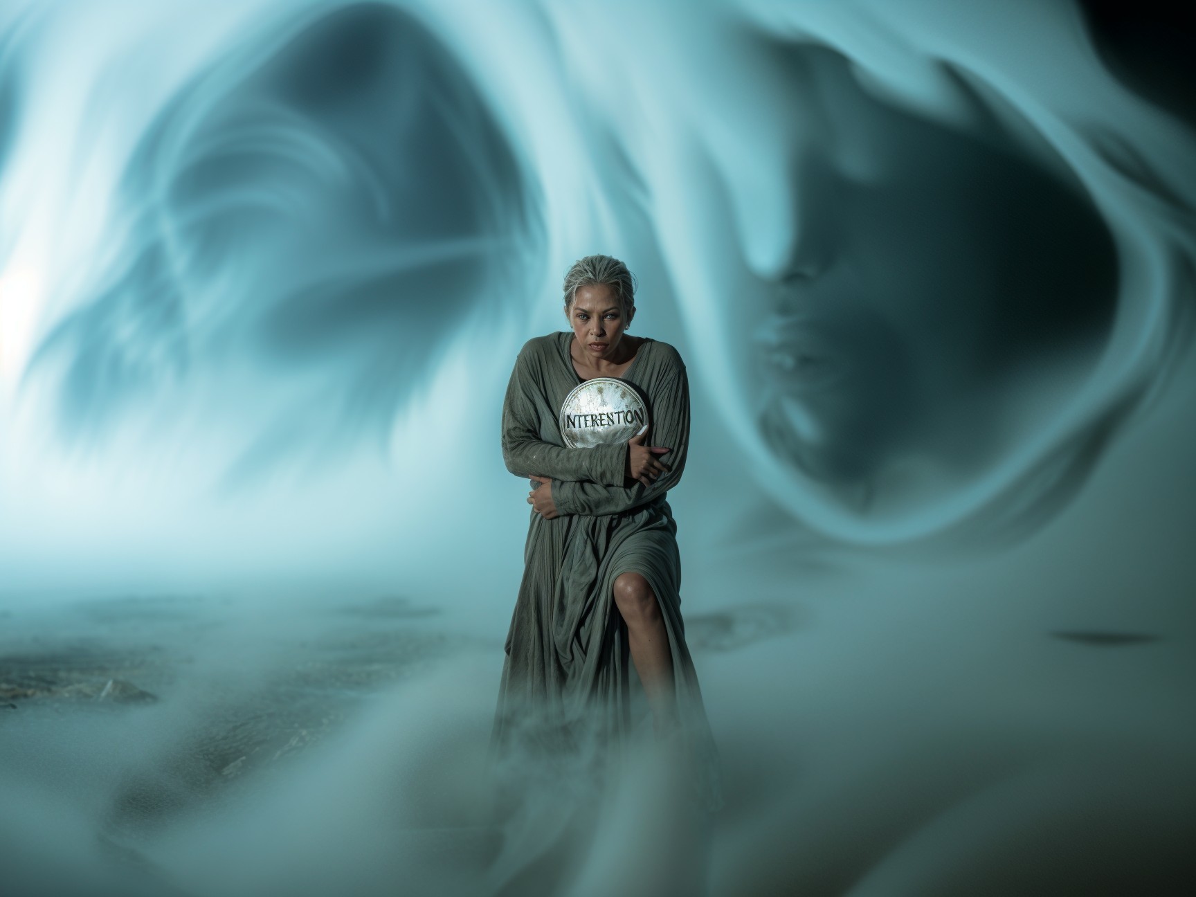 Woman in flowing garment surrounded by swirling fog