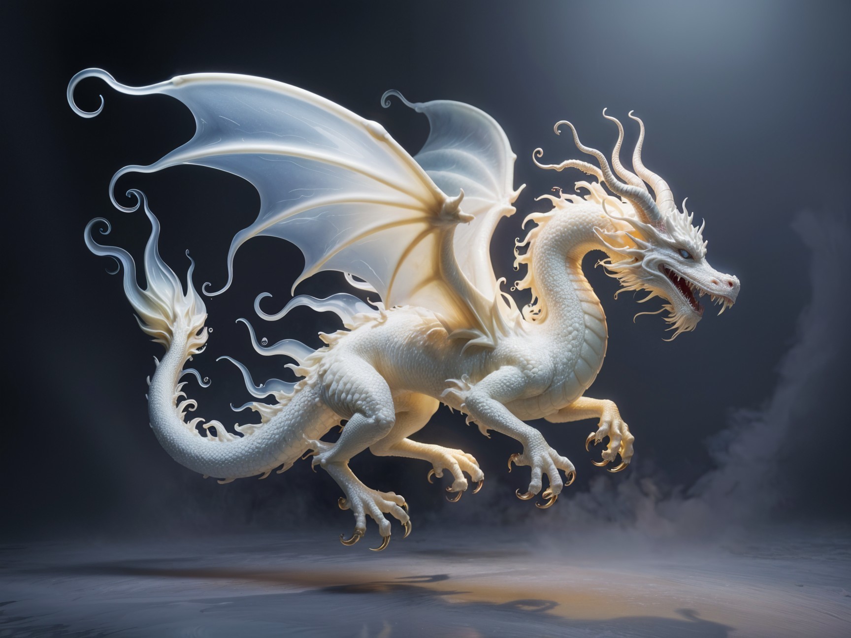 Majestic White Dragon Soaring in Misty Atmosphere