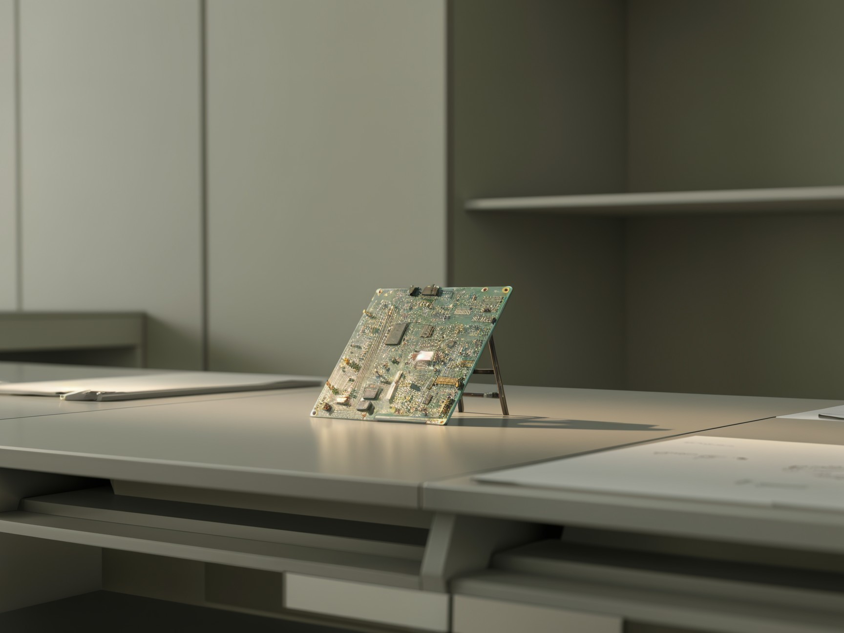 Close-Up of Intricate Computer Circuit Board on Desk