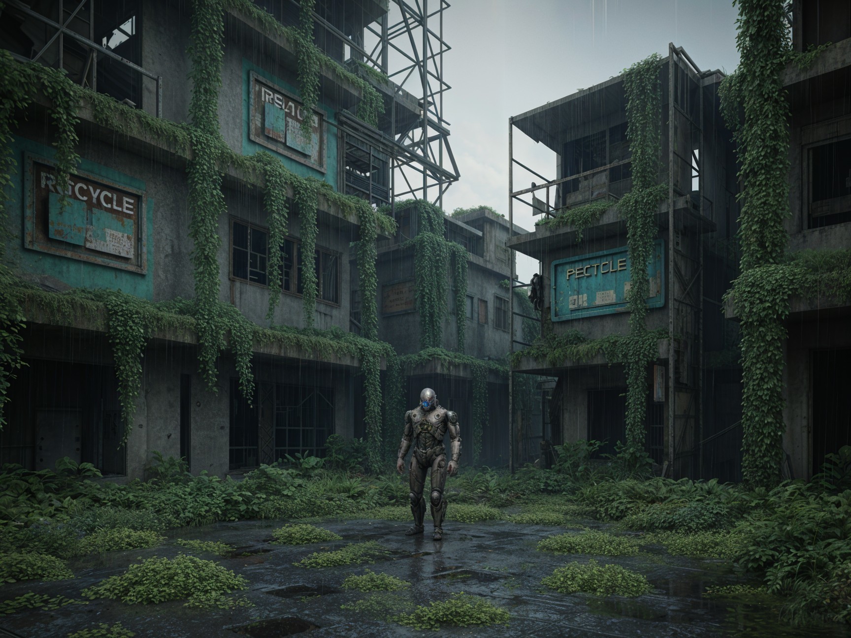Robot in Overgrown Post-Apocalyptic Urban Landscape