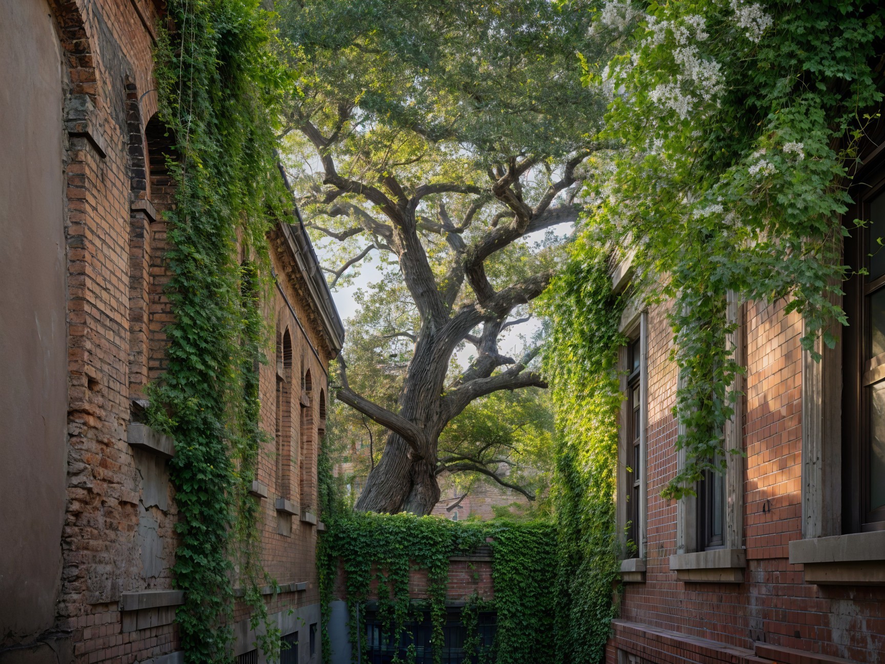 Serene Alleyway with Brick Buildings and Ivy
