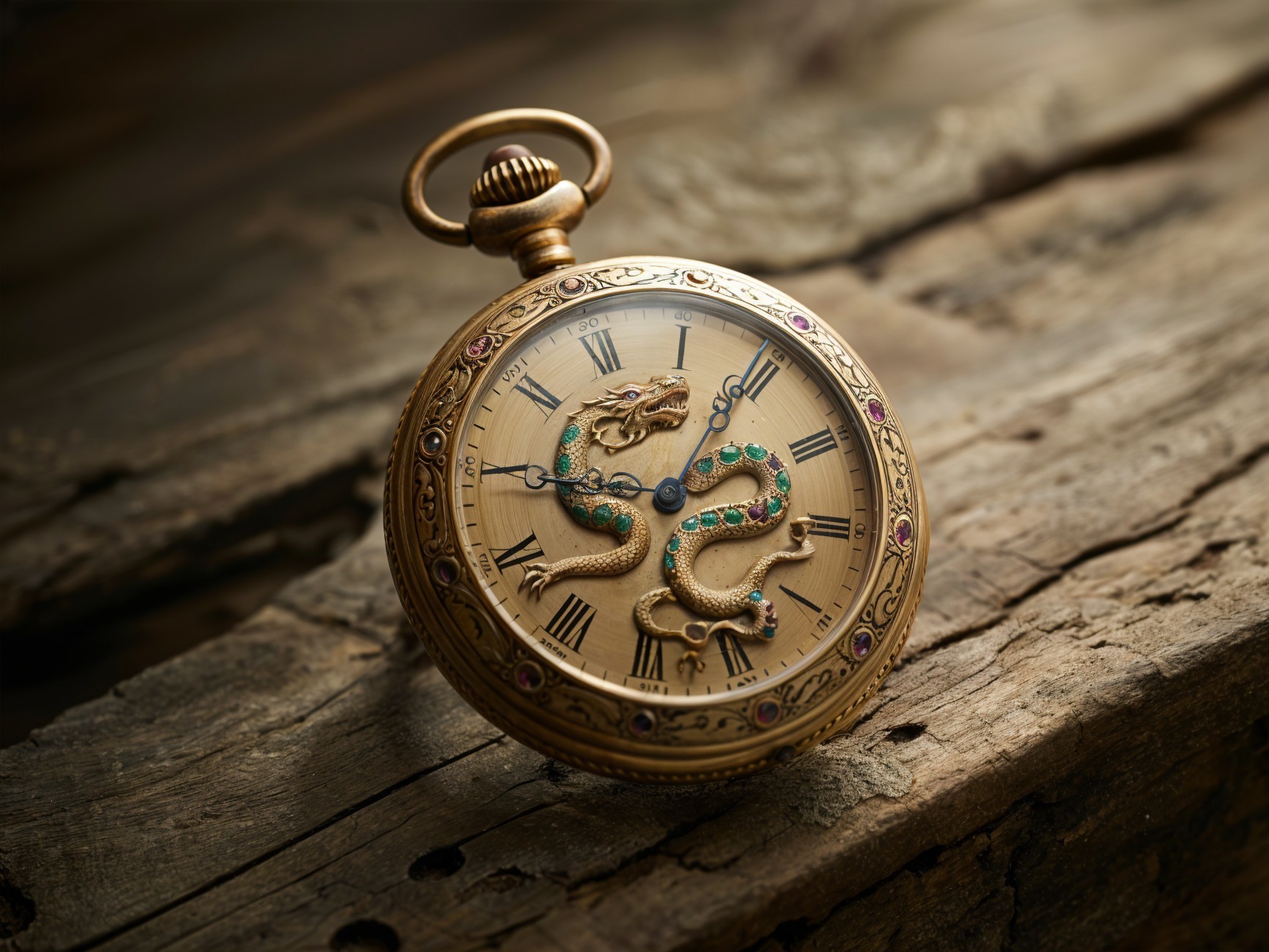 Antique Gold Pocket Watch with Dragon Motif Design