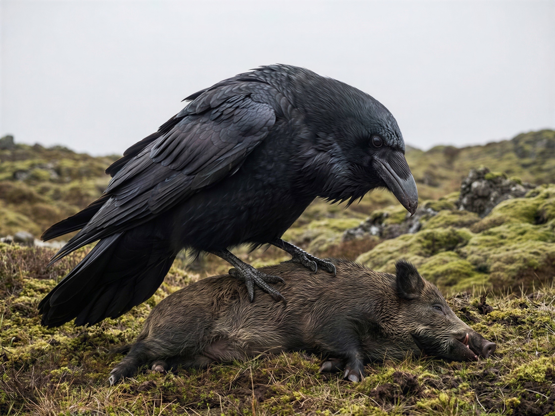 Raven on Dead Wild Boar in Natural Environment