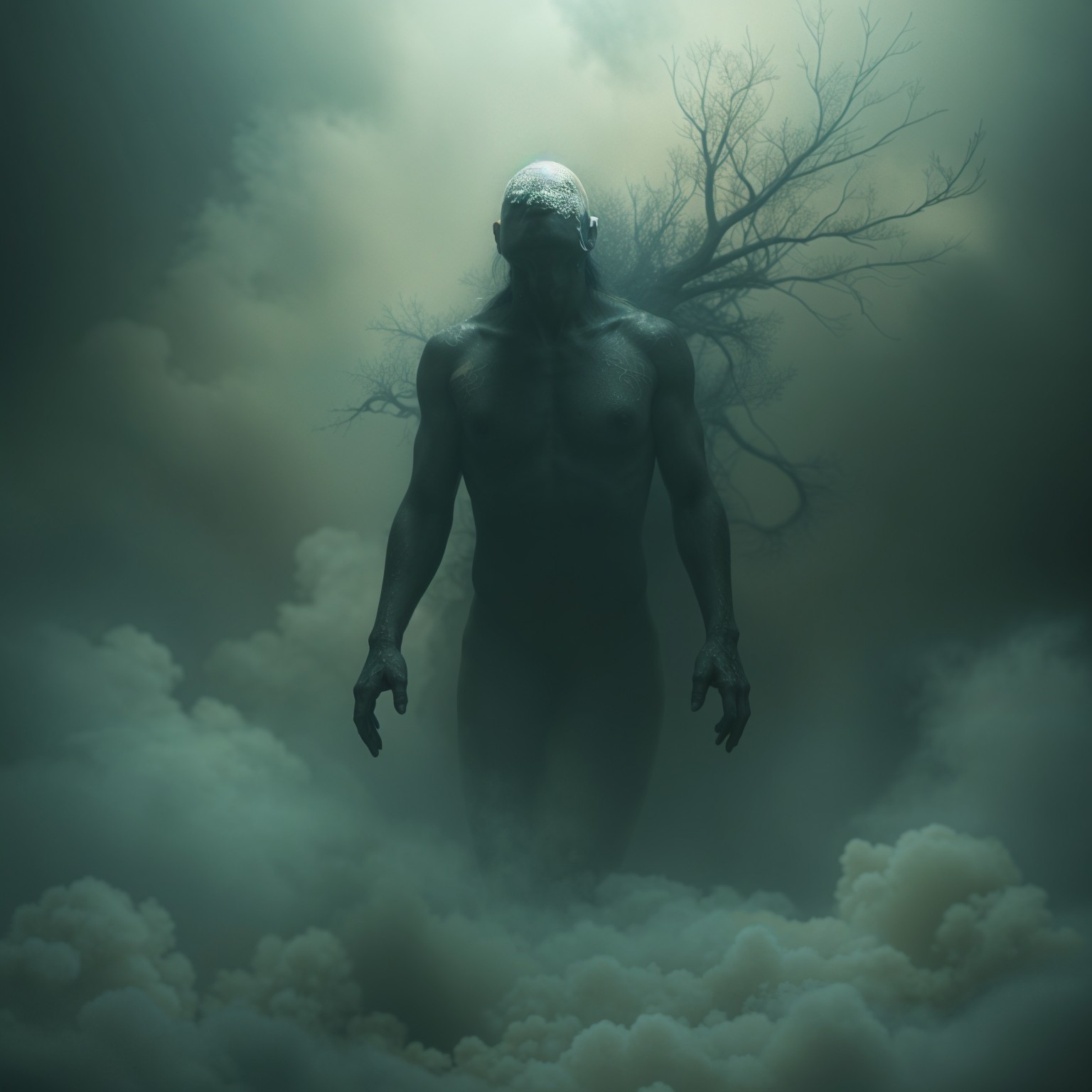 Ethereal Figure in Foggy Landscape with Gnarled Tree