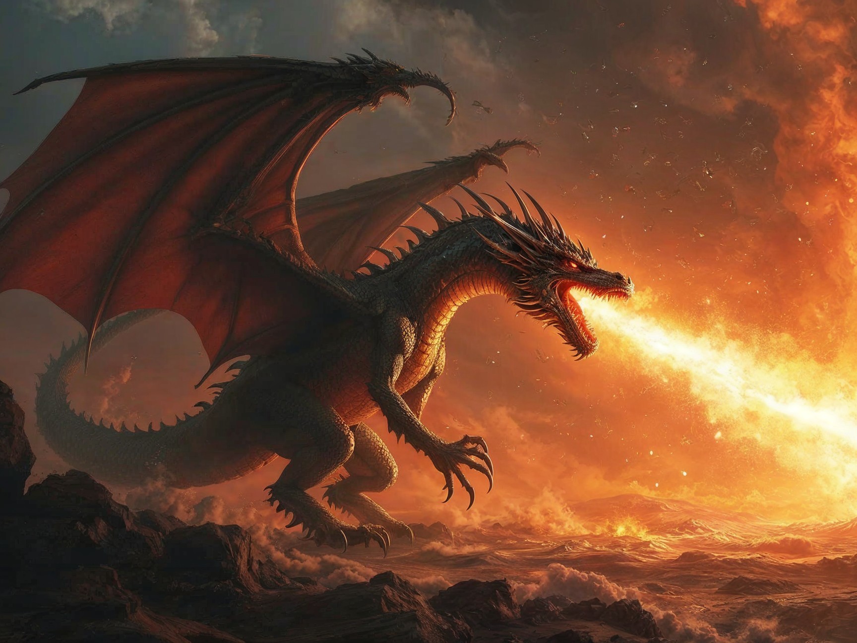 Two-Headed Dragon in Fiery Landscape with Lava