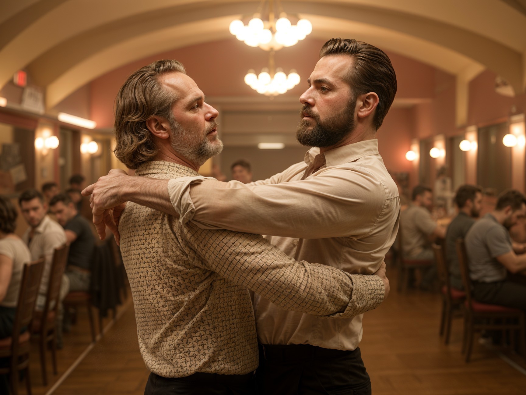 Intimate Embrace Between Two Men in Warm Room