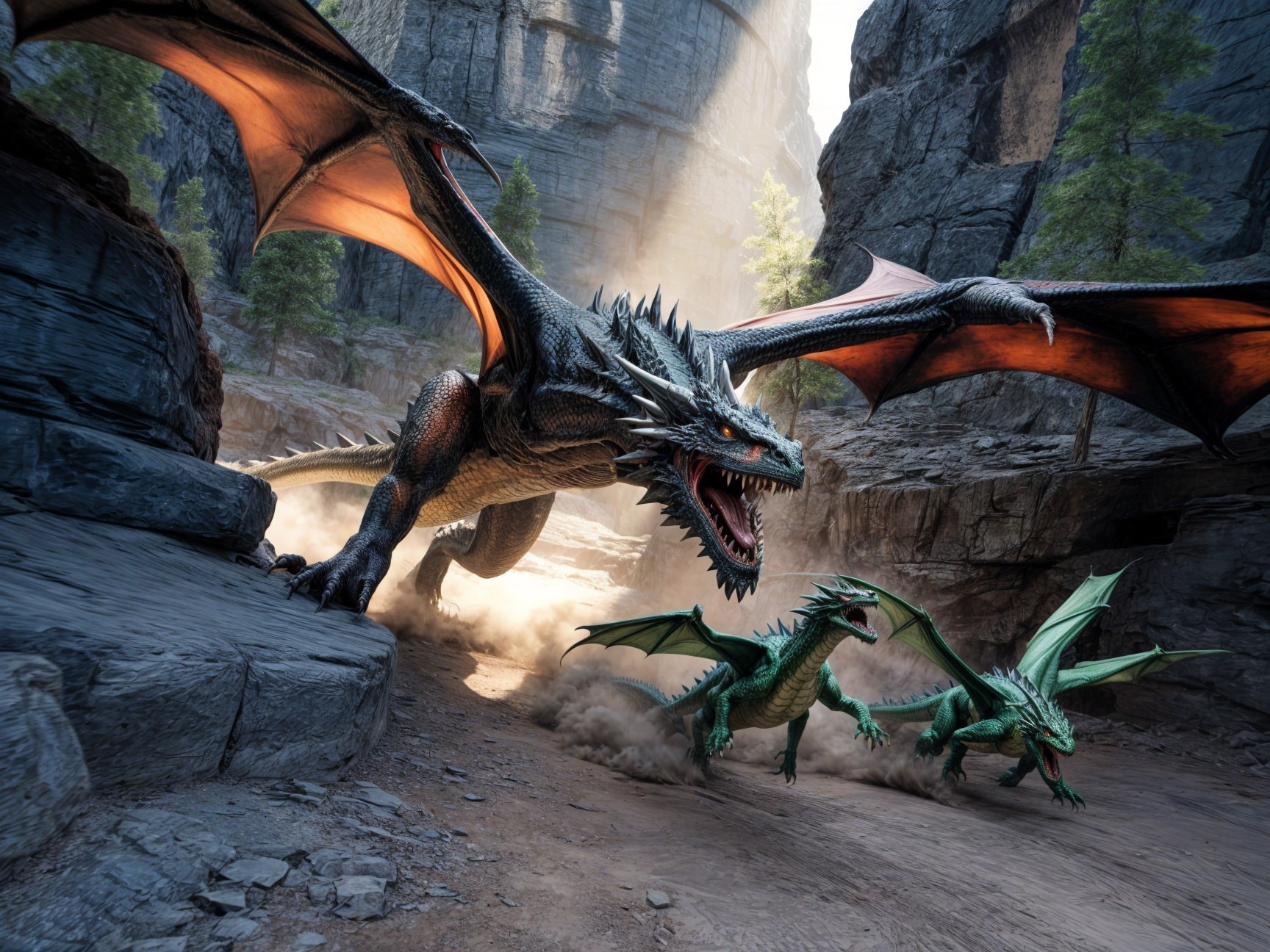 Black Dragon and Green Dragons in Dramatic Canyon Flight