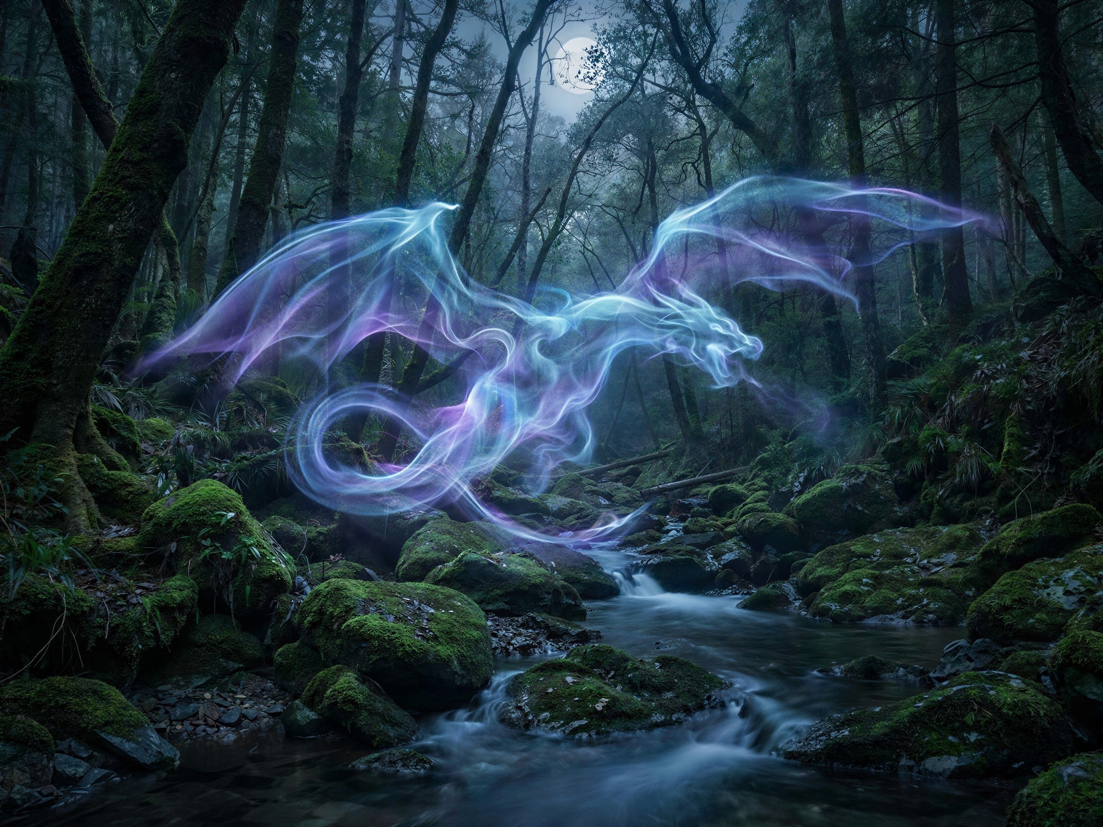 Luminous Dragon Spirit in a Nighttime Forest Scene
