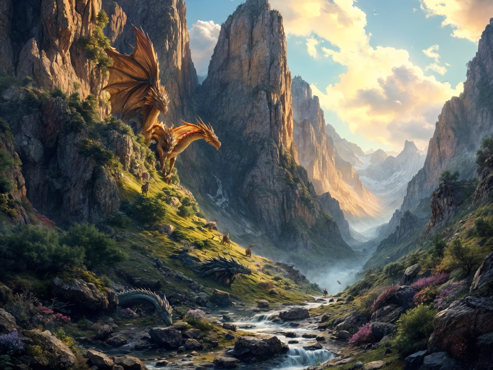 Dragons Soaring Over a Mountainous Fantasy Landscape