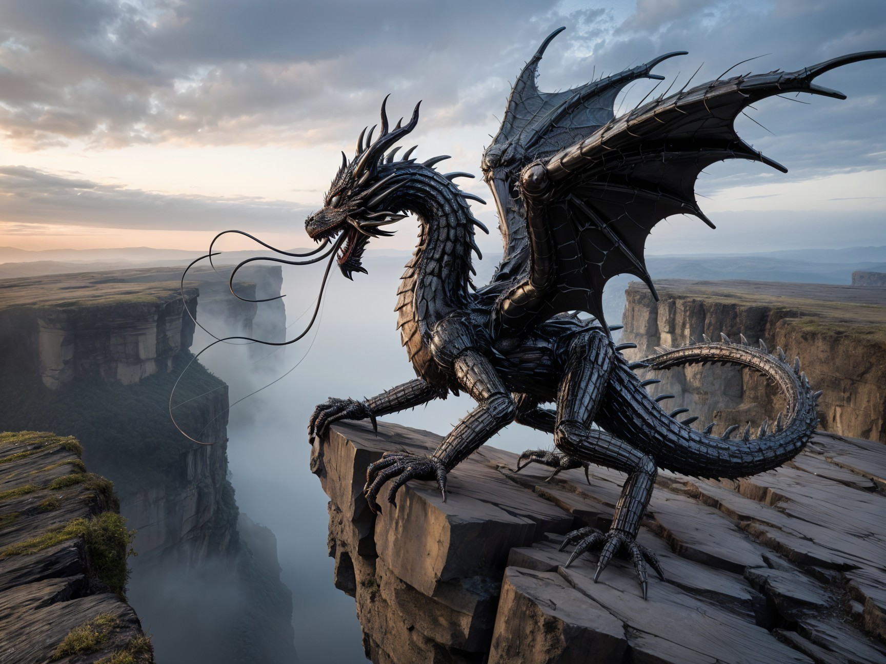 Majestic black dragon on a cliff overlooking canyon